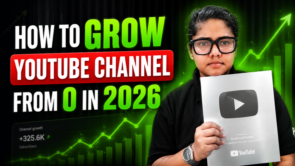 YouTube growth strategy thumbnail featuring a creator holding a Silver Play Button with analytics charts and text about growing a YouTube channel from zero in 2026.
